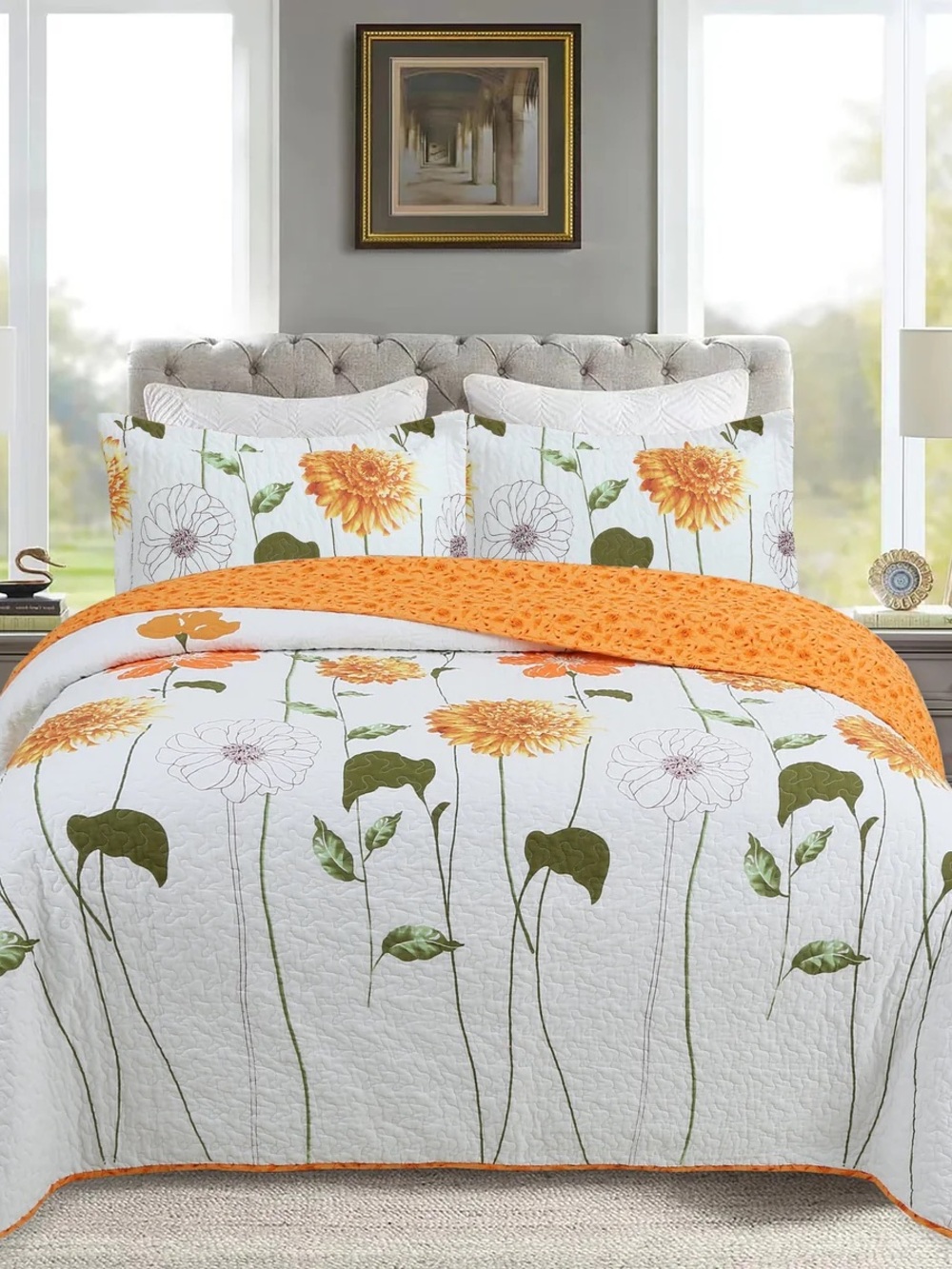3 PIECE COTTON BOTANICAL FLORAL QUILT SET – LIGHTWEIGHT REVERSIBLE BEDSPREAD